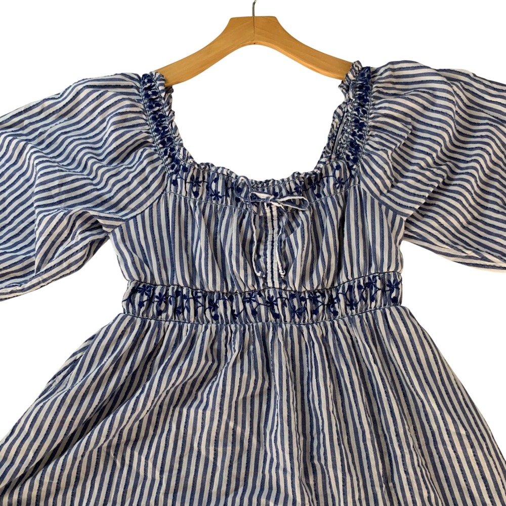 American Eagle Blue White Striped Smocked Puff Sleeve Mini Dress Womens Medium - Picture 3 of 9